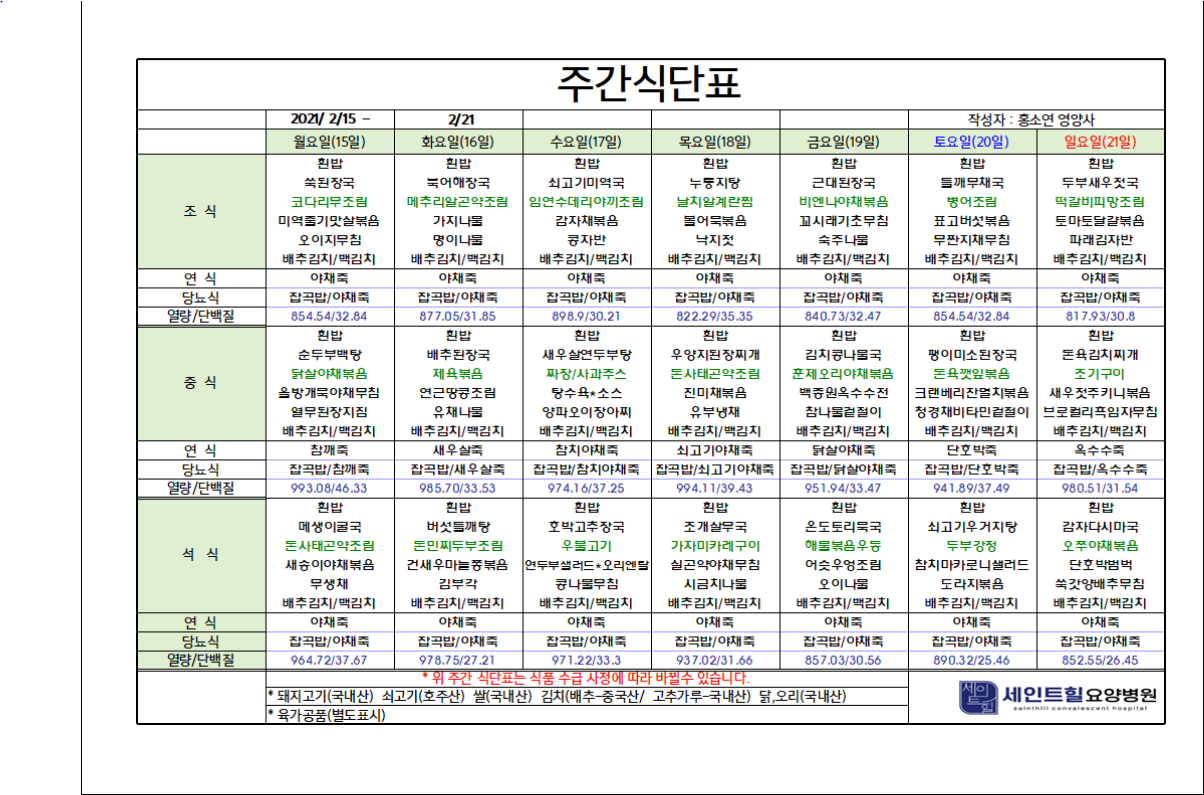 2021.02.15~2021.02.21 주간 식단표