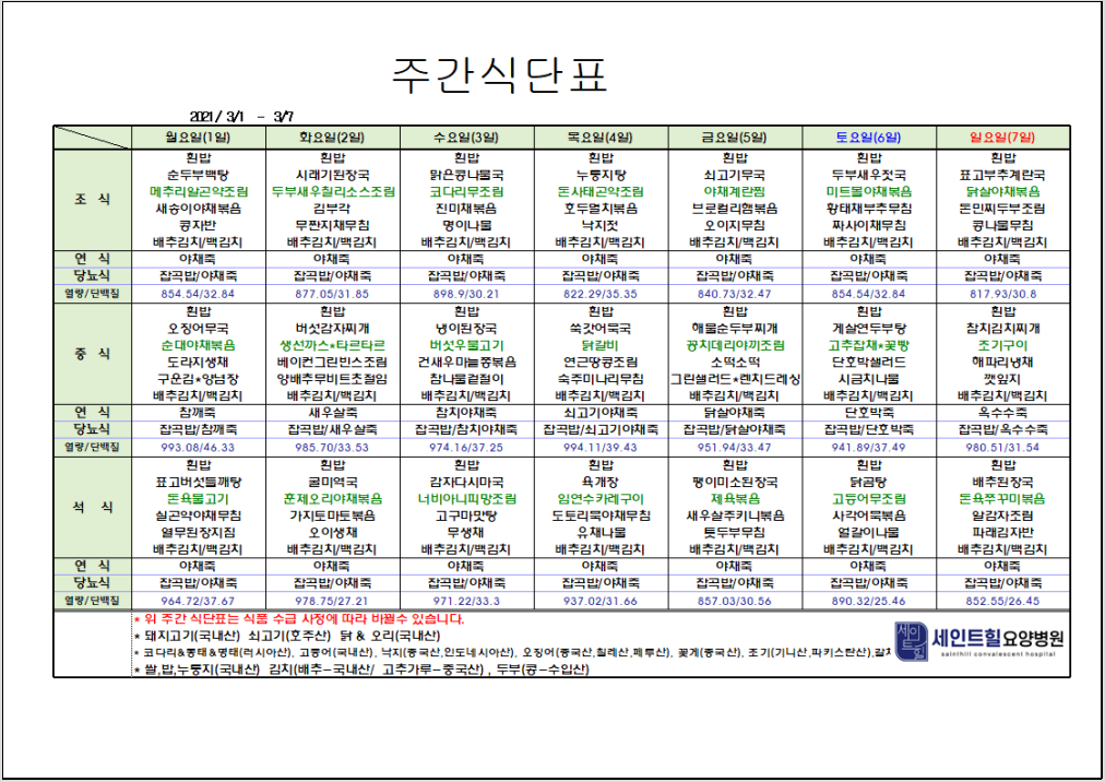 2021.03.01~2021.03.07 주간 식단표