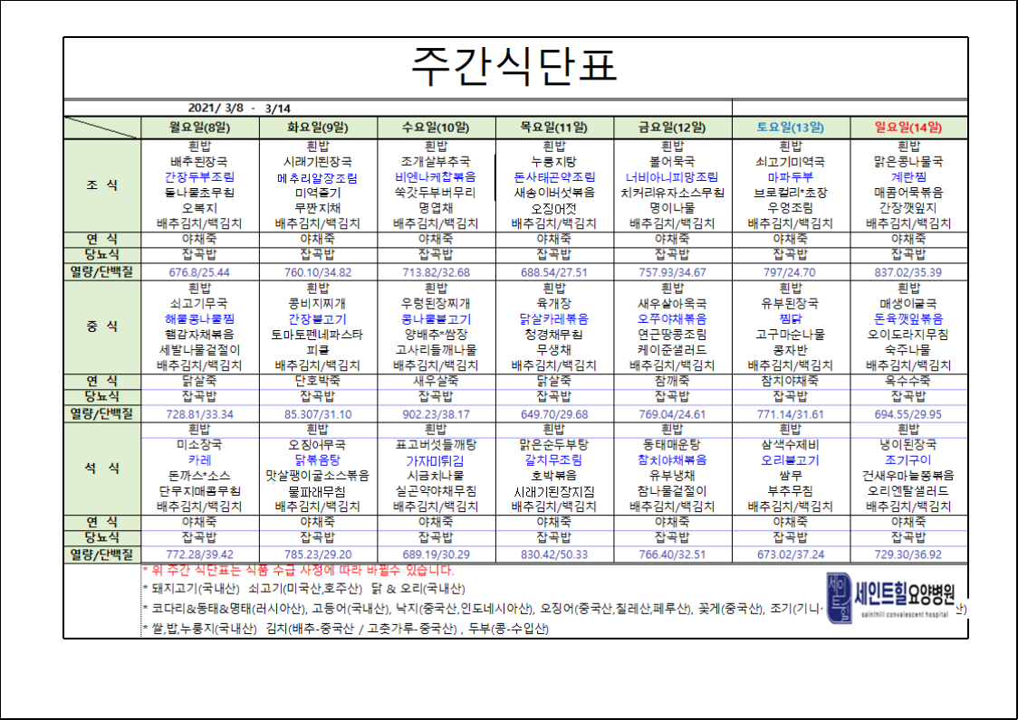 2021.03.08~2021.03.14 주간 식단표