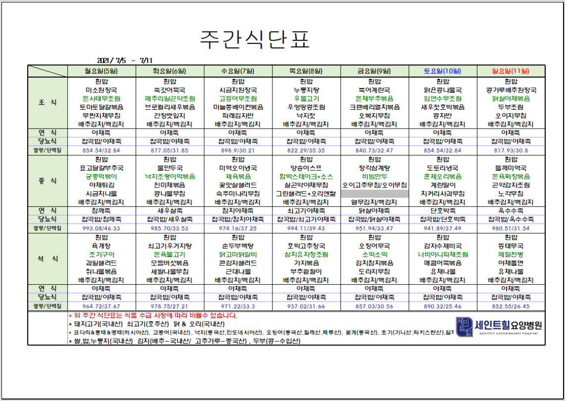 2021.07.05~2021.07.11 주간 식단표