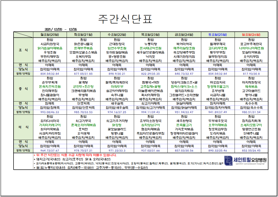 2021.12.20~2021.12.26주간식단표