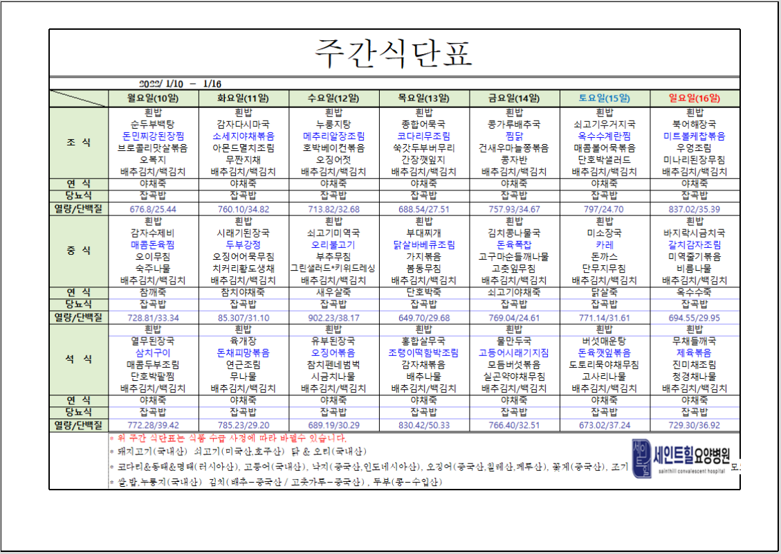 2022.01.10~2022.01.16주간식단표