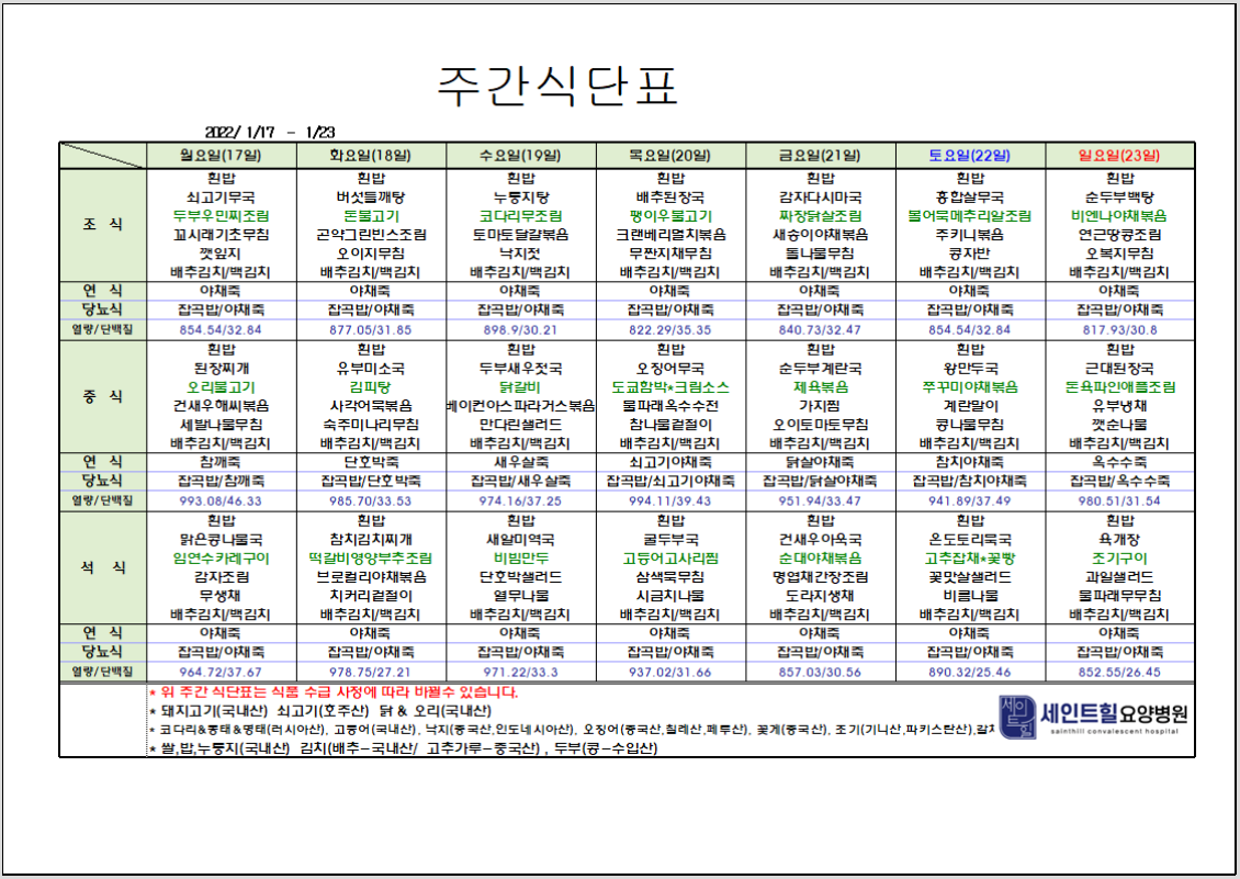 2022.01.17~2022.01.23주간식단표