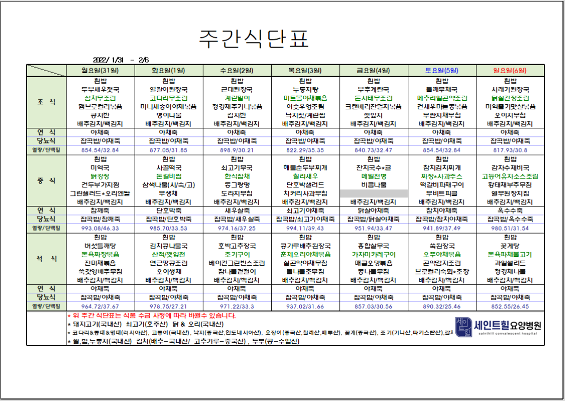 2022.01.31~2022.02.06주간식단표