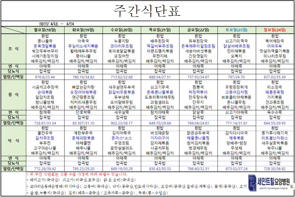 2022.04.18~2022.04.24주간식단표