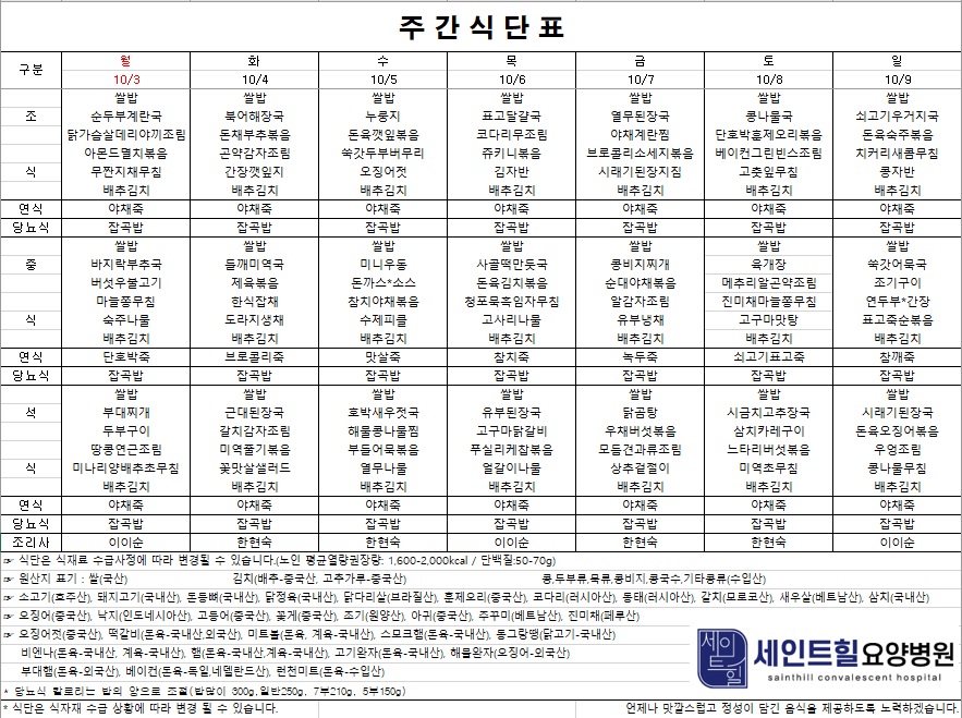2022.10.03~2022.10.09 주간식단표