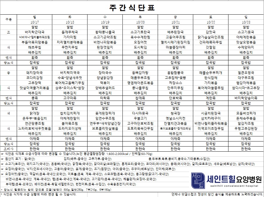 2022.10.17~2022.10.23 주간식단표