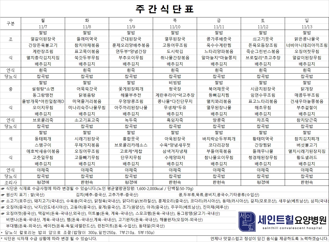 2022.11.07~2022.11.13 주간식단표