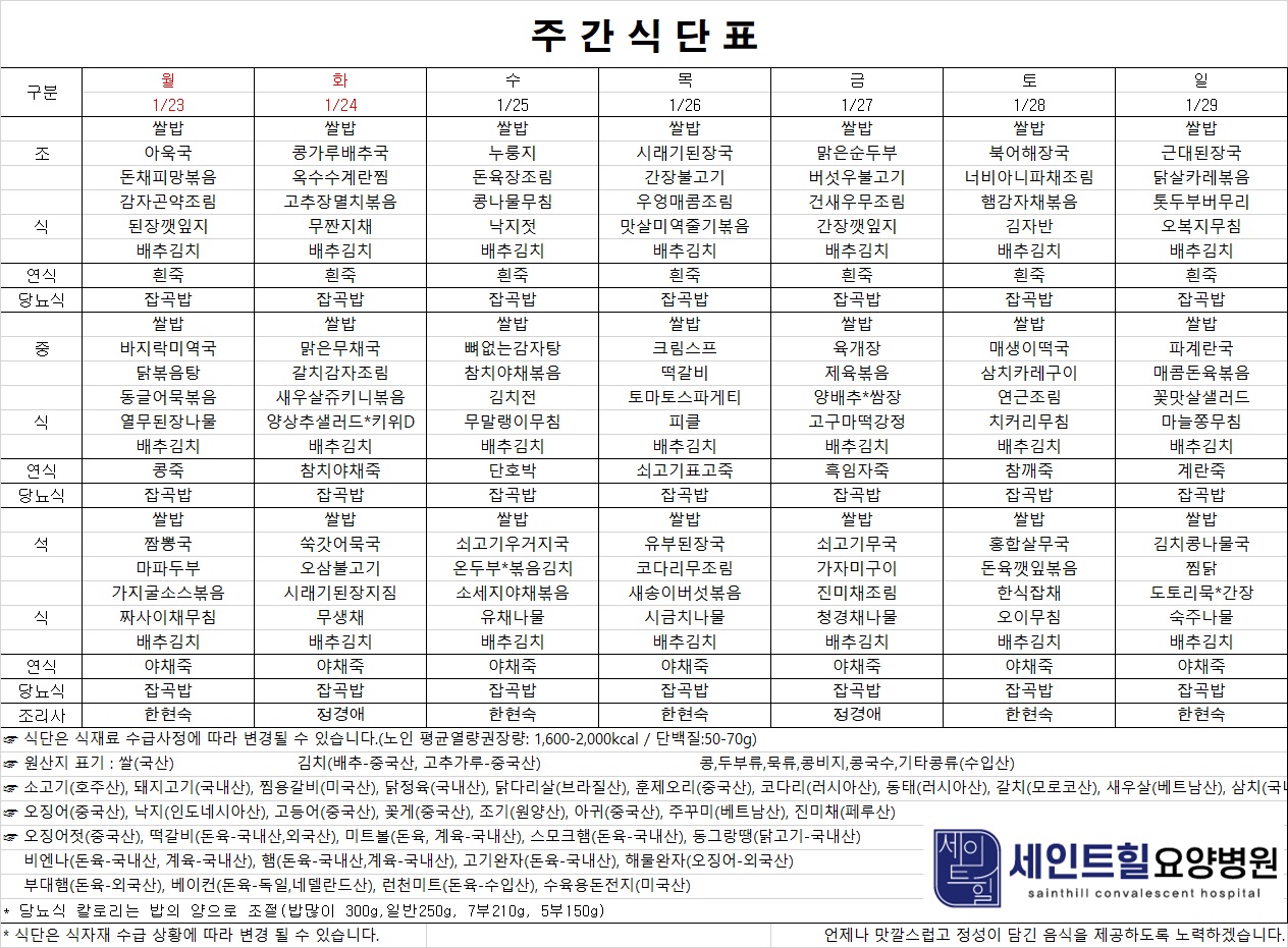 2023.01.23~2023.01.29 주간식단표