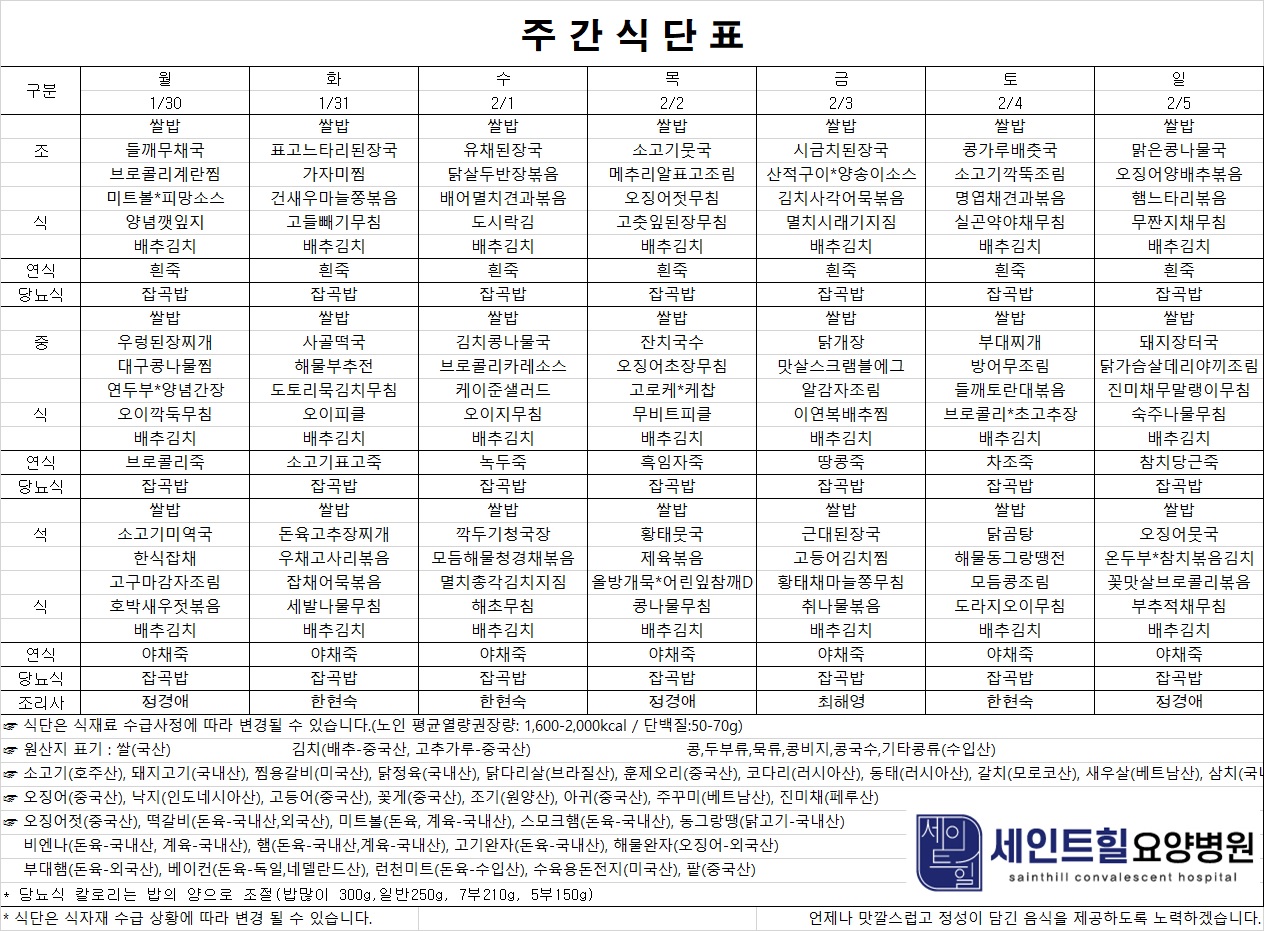 2023.01.30~2023.02.05 주간식단표