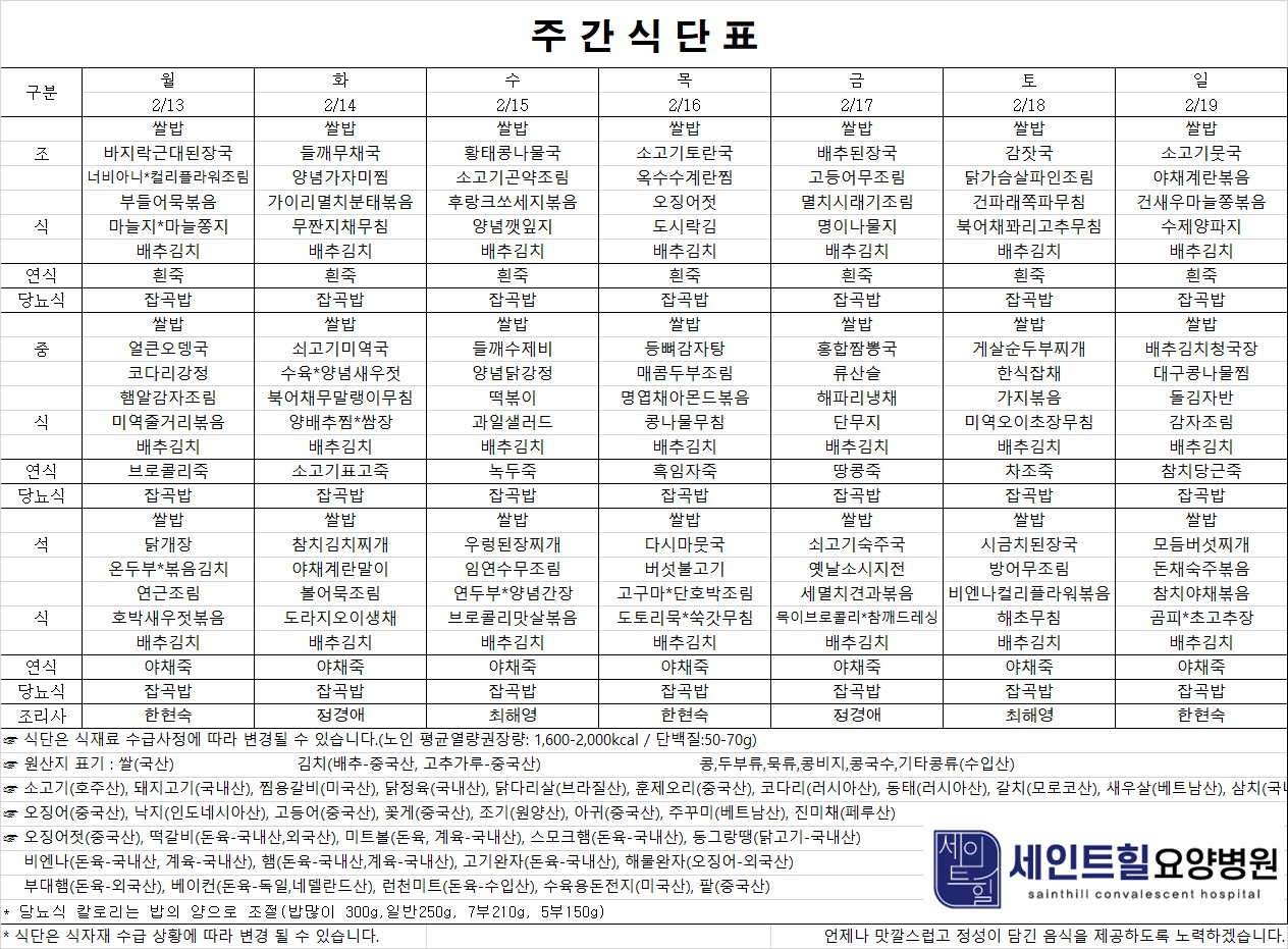 2023.02.13~2023.02.19 주간식단표