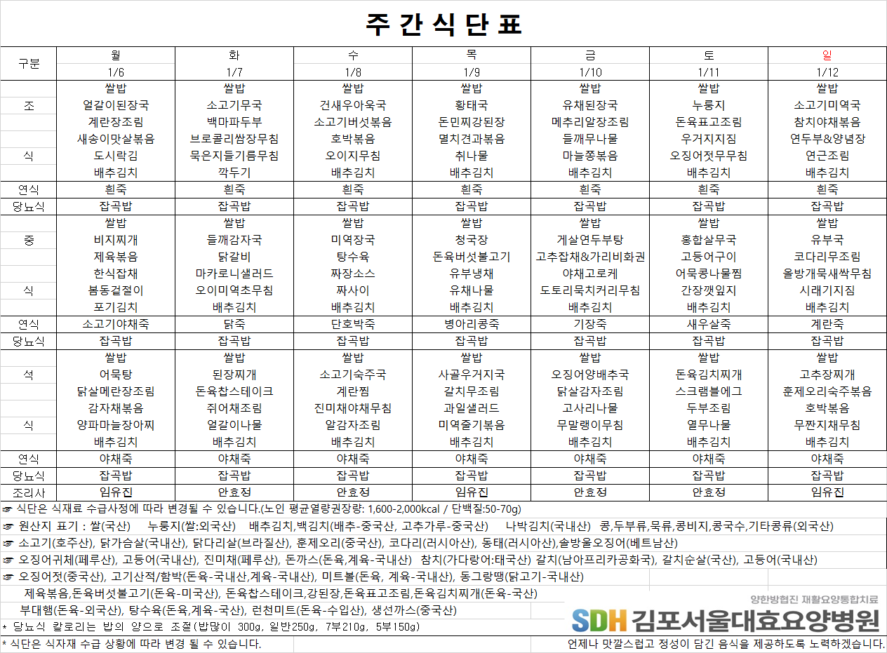 2025.01.06 ~2025.01.12 주간식단표