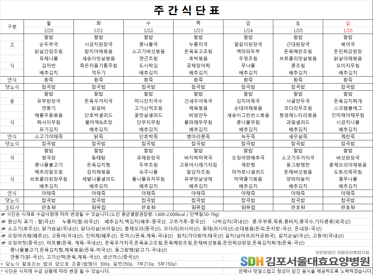 2025.01.20 ~2025.01.26 주간식단표