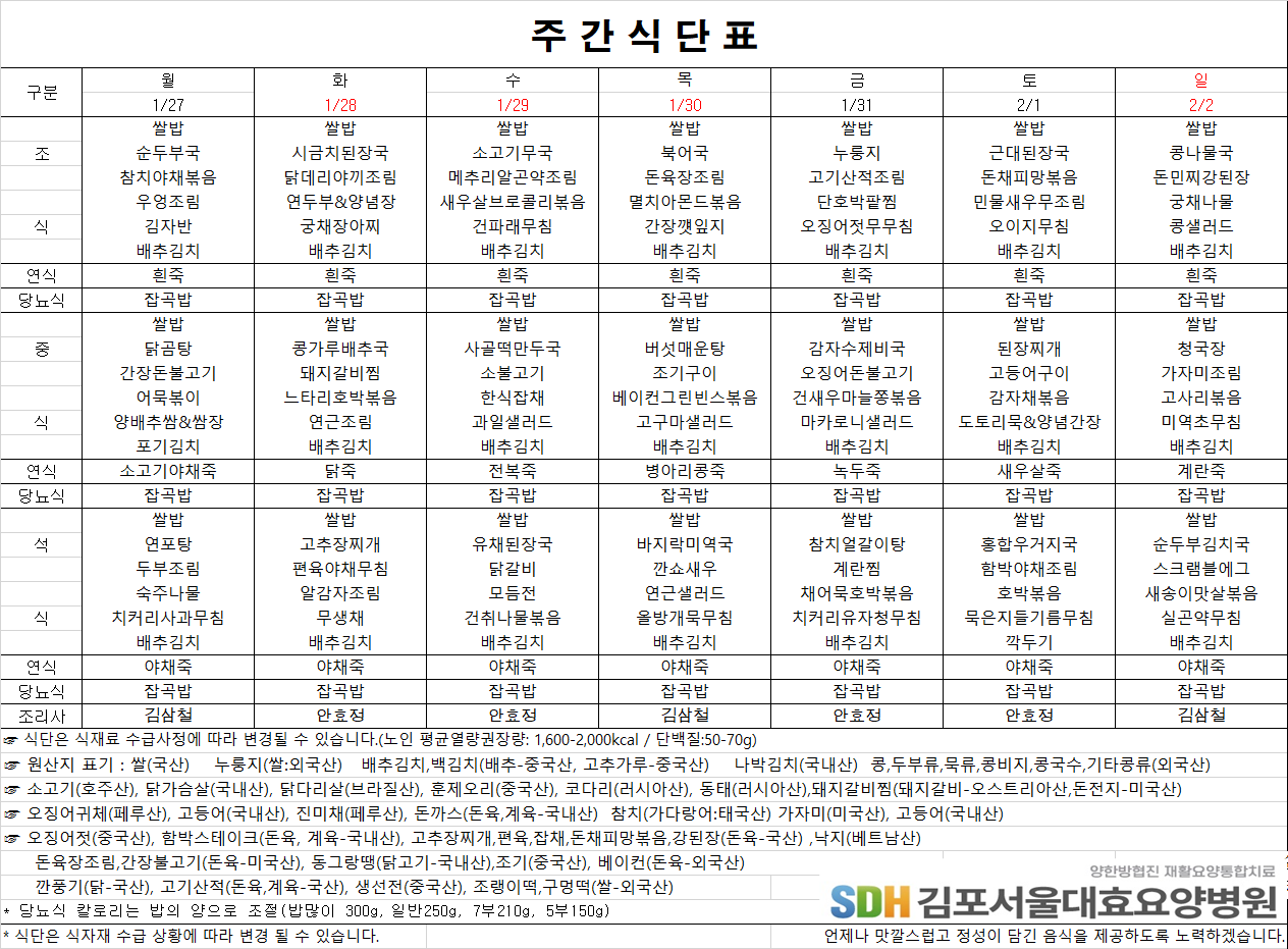 2025.01.27 ~2025.02.02 주간식단표