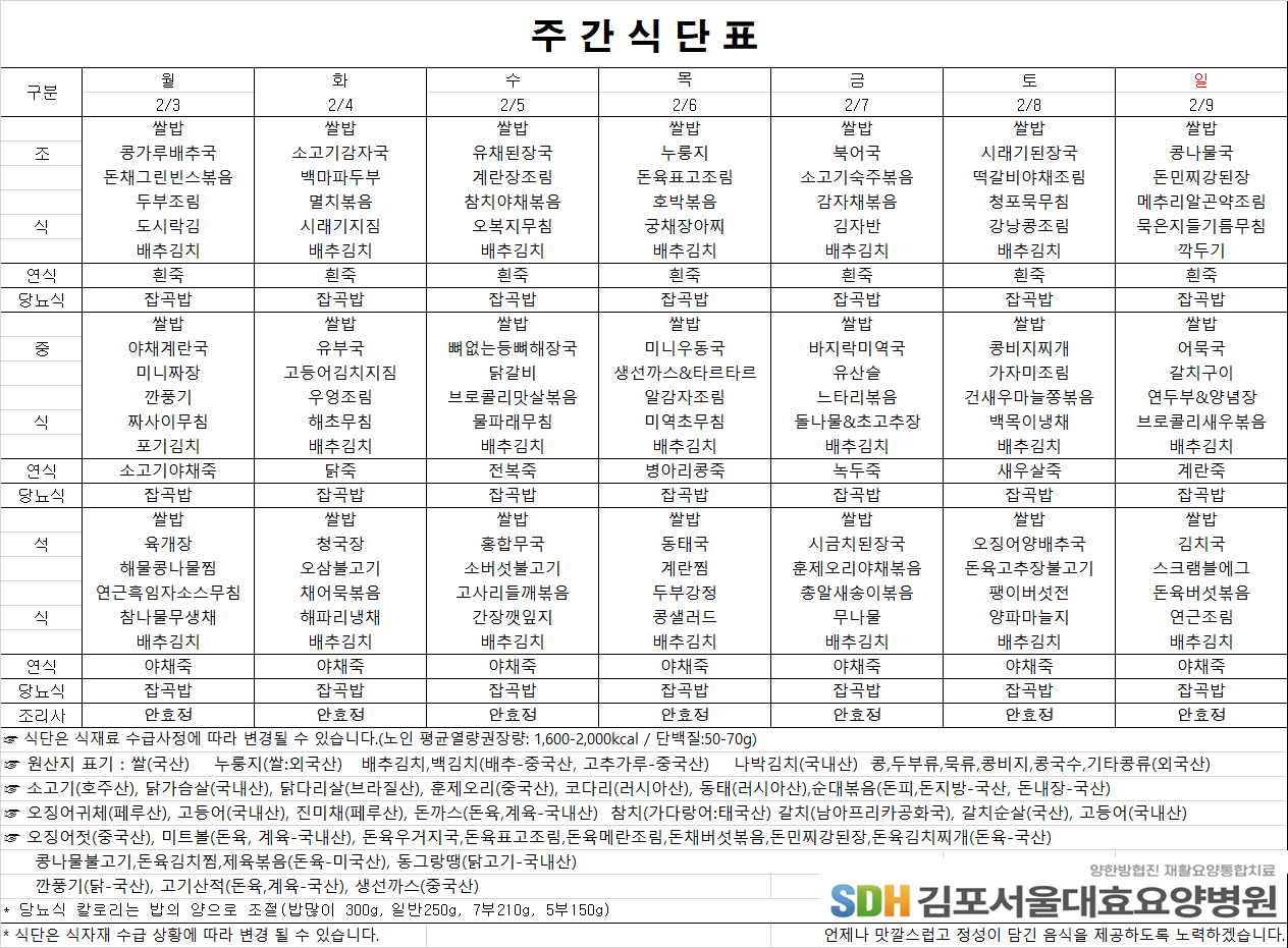 2025.02.03 ~2025.02.09 주간식단표