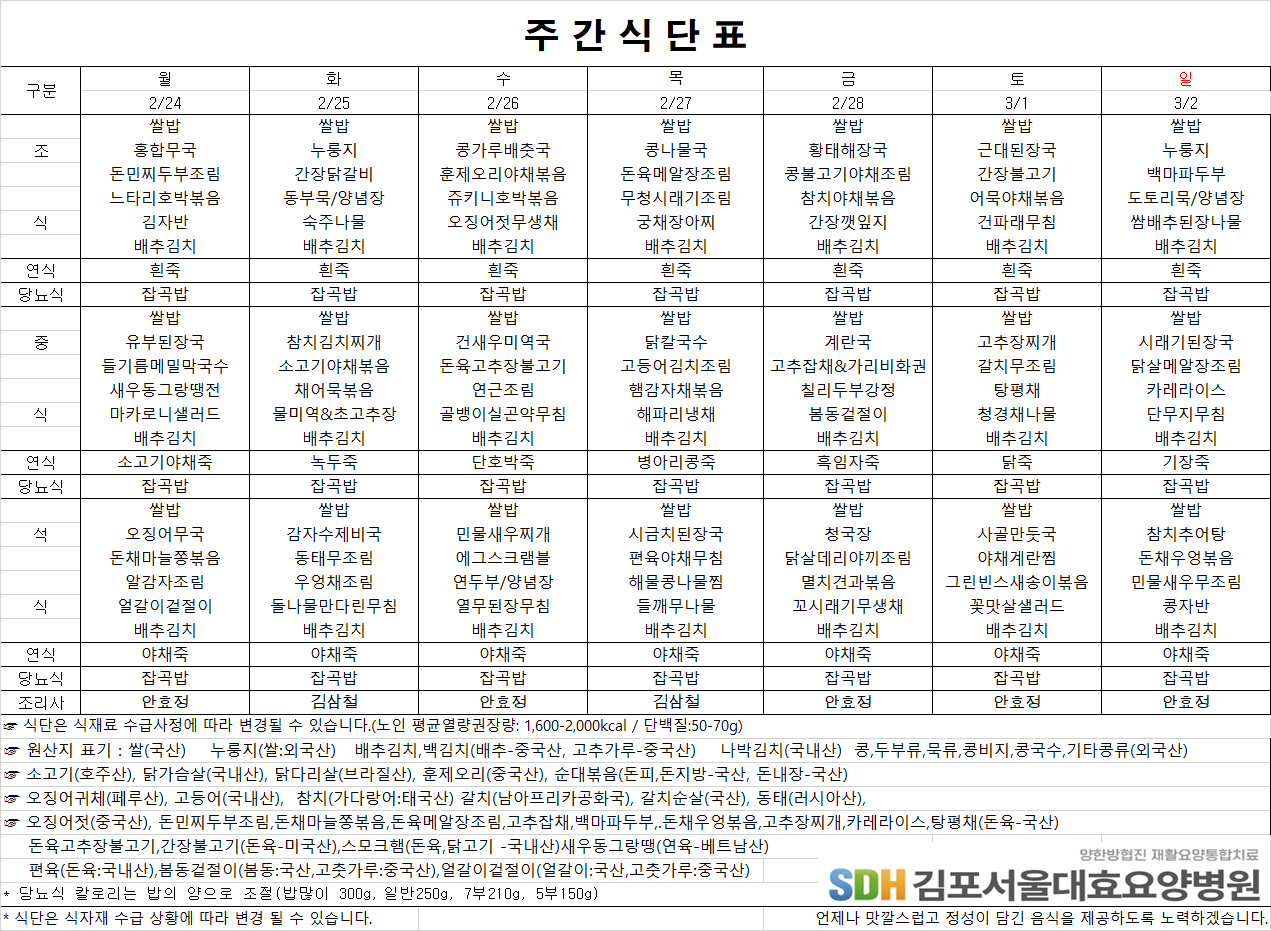 2025.02.24 ~2025.03.02 주간식단표
