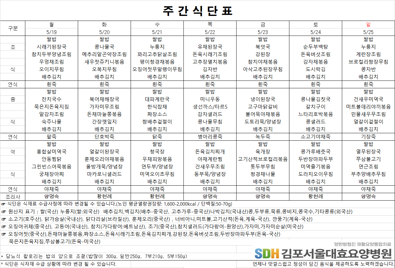 2025.05.19 ~2025.05.25 주간식단표