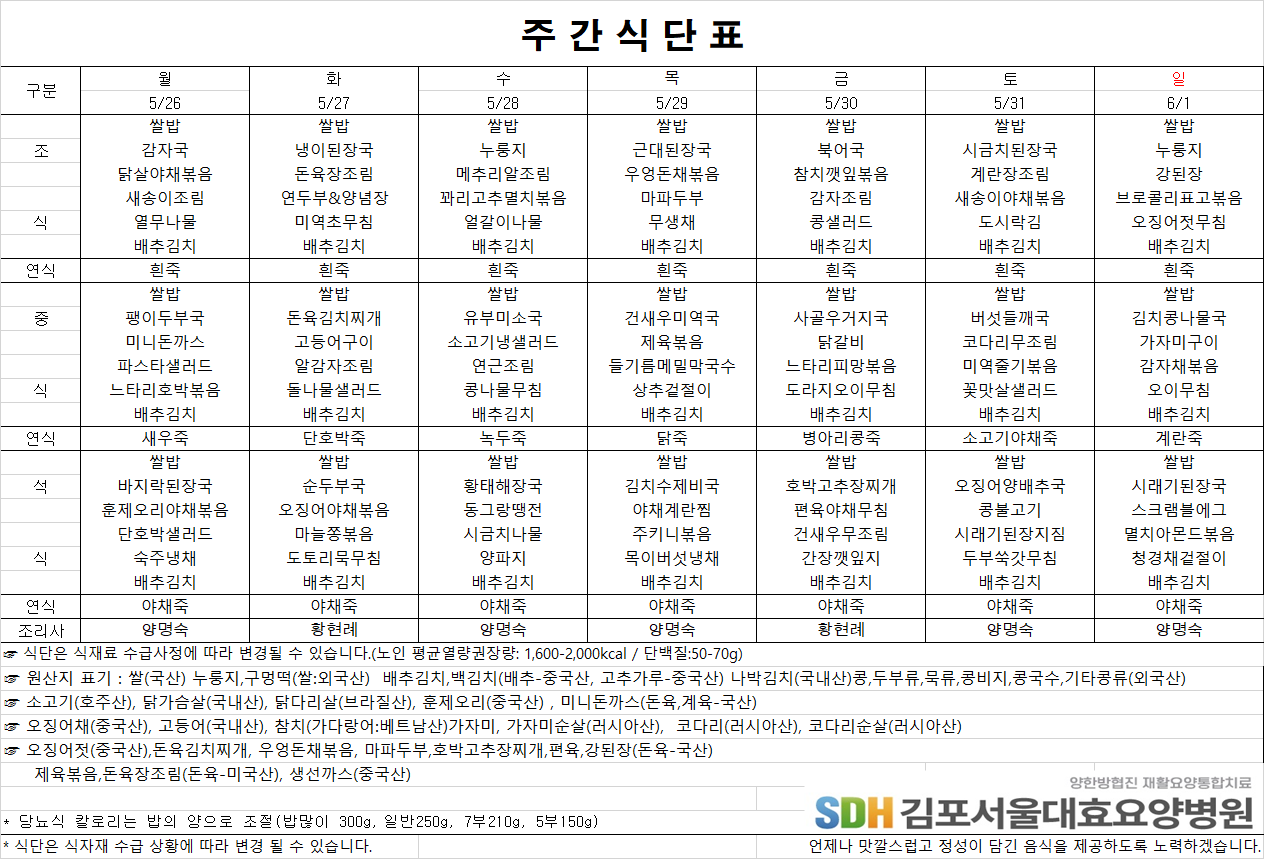 2025.05.26 ~2025.06.01 주간식단표