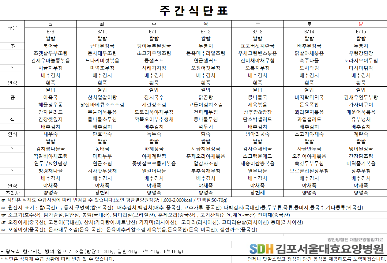 2025.06.09~2025.06.15 주간식단표