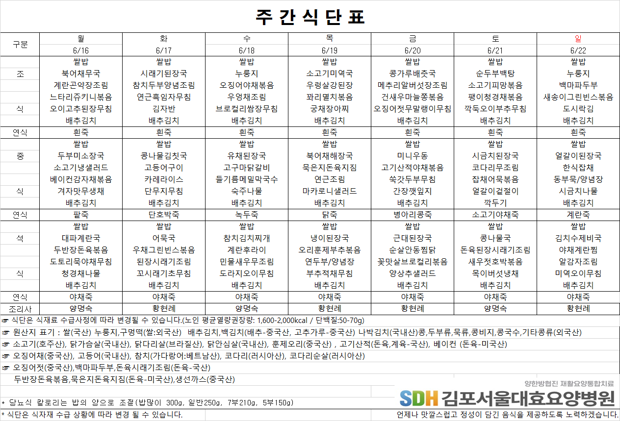 2025.06.16~2025.06.22 주간식단표