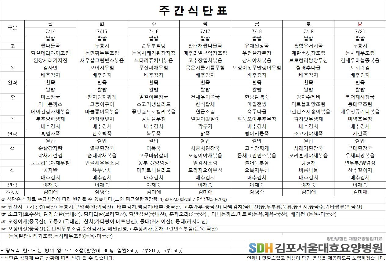 2025.07.014~2025.07.20 주간식단표