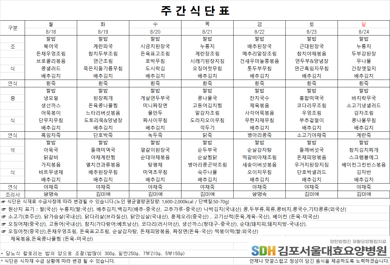 2025.08.18~2025.08.24 주간식단표