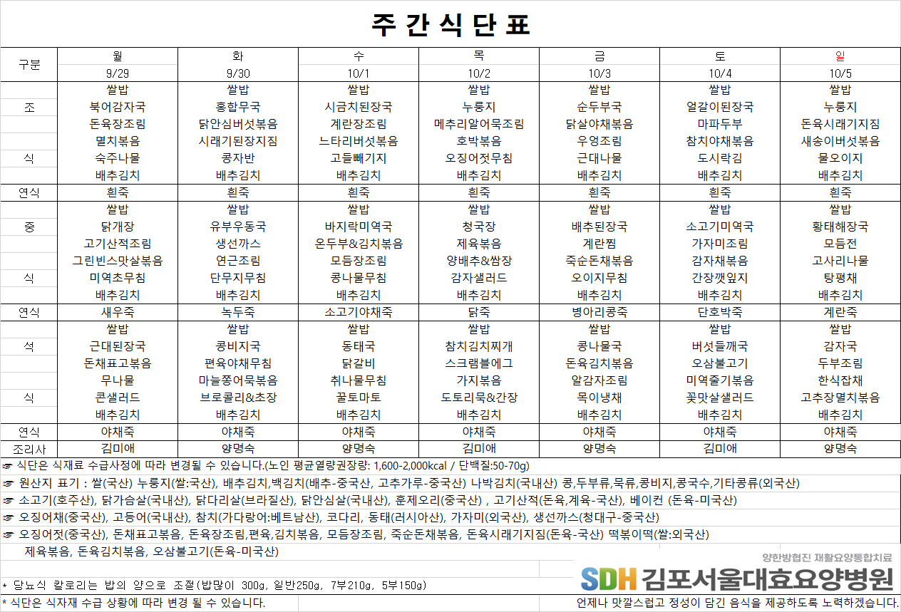 2025.09.29-2025.10.05 주간식단표