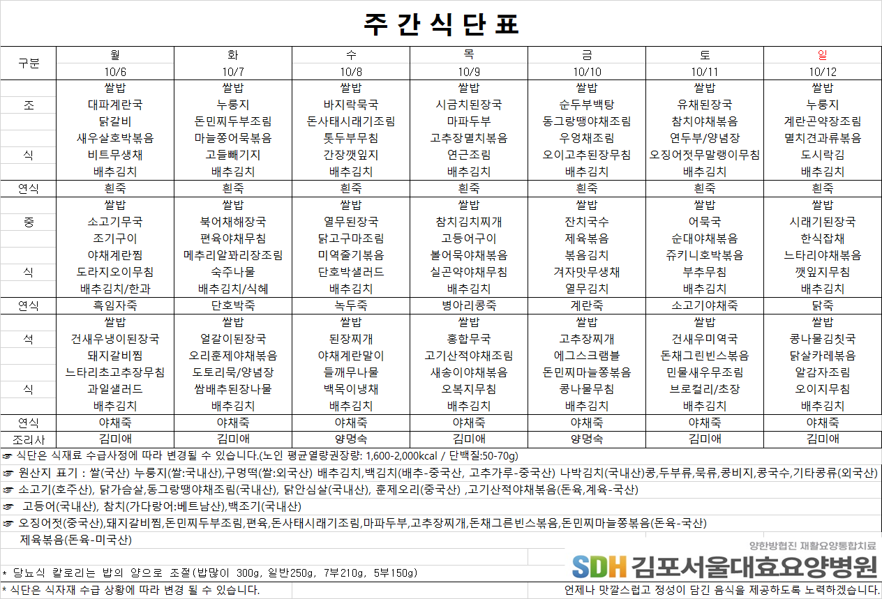 2025.10.06-2025.10.12 주간식단표